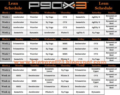 The P90X workout <strong>schedule</strong> is a 90-day fitness program that includes workouts for strength training, cardio, and flexibility. . P90x3 lean schedule